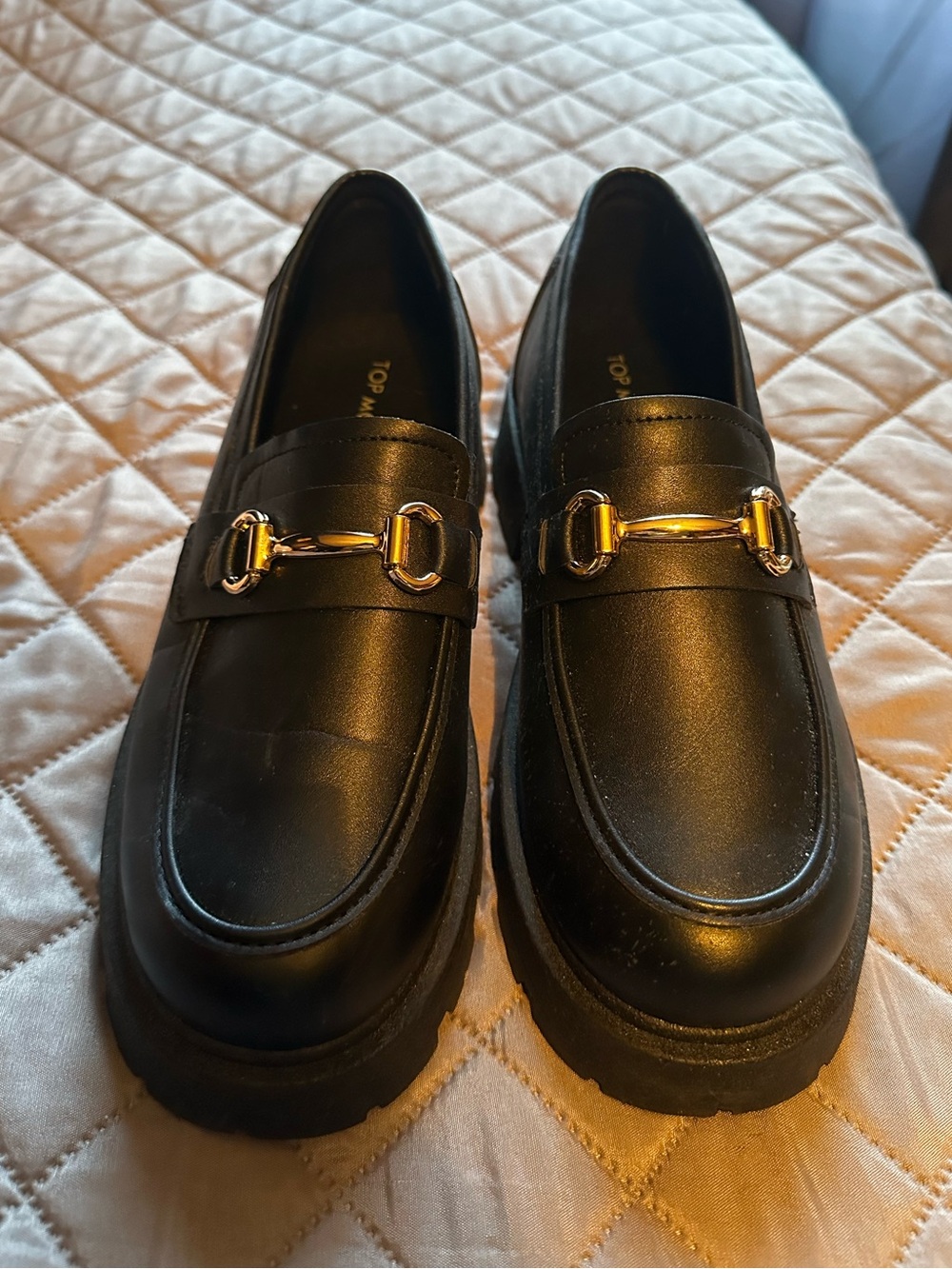 Top Moda Black Platform Lug Sole Horsebit Loafers Gold Hardware Size 10